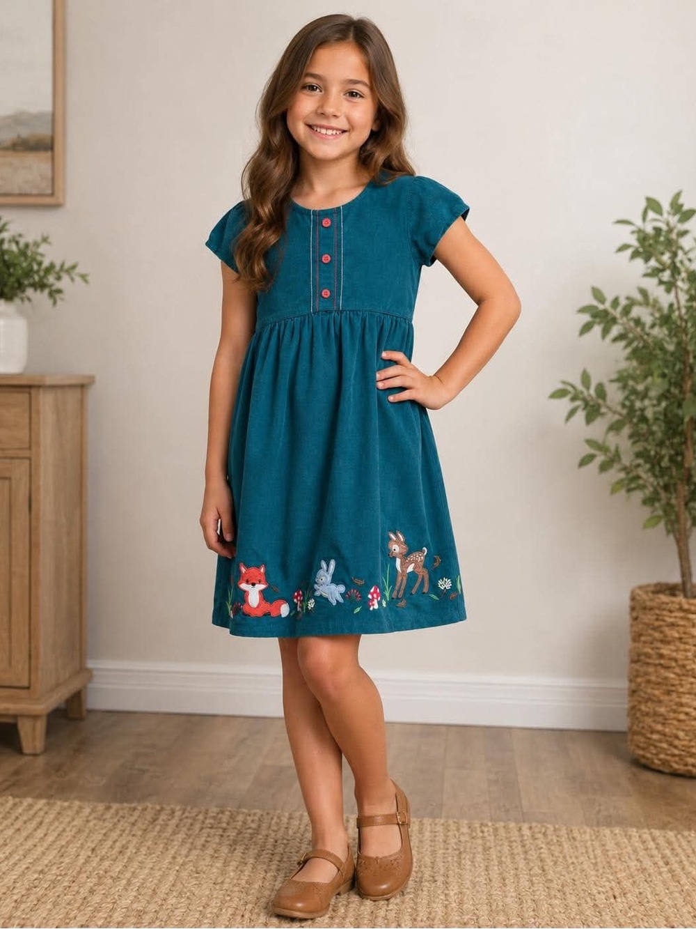 Beebay Girls Dark Teal Green Corduroy Woodland Embroidered Dress